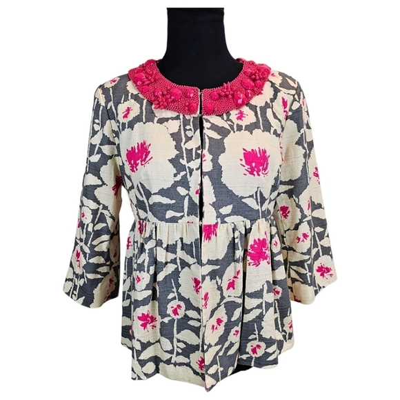 Nanette Lepore Floral Beaded Neck Peplum Blazer Sz 6 Barbie Pink Gray Coquette - Picture 2 of 16